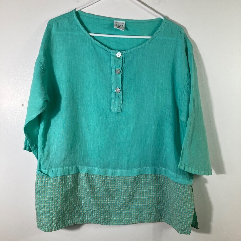 Womens Pure‎ Match USA Linen Tunic 3/4 Sleeve Green Peblum Shirt S